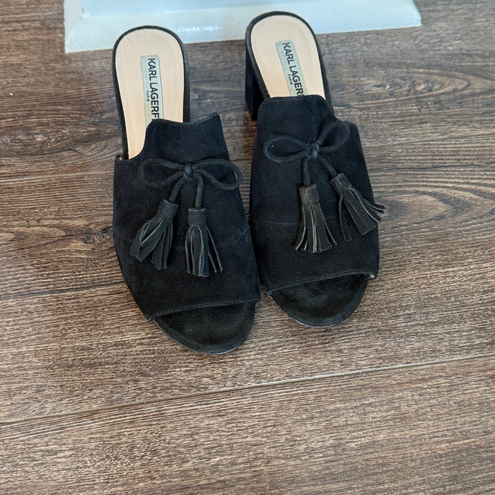 Karl Lagerfeld Paris Holly Black Suede Tassel Mule Heels 7.5 - Picture 2 of 8
